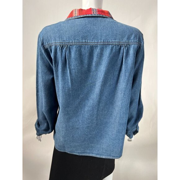 Vintage Denim Shirt With Red Plaid Collar & Pocket Button-Up Size M/L By Thoma 1 - Picture 14 of 16